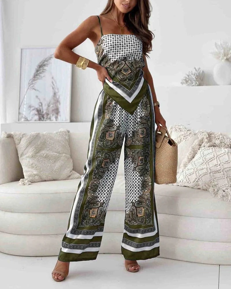 Moira / Conjunto de Dos Piezas con Top de Tirantes y Pantalones Estampados