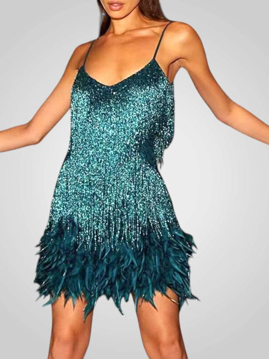 Nocturna Glam / Vestido Mini con Plumas