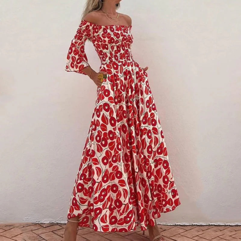 Fiorella / Vestido Largo con Hombros Descubiertos y Estampado Floral