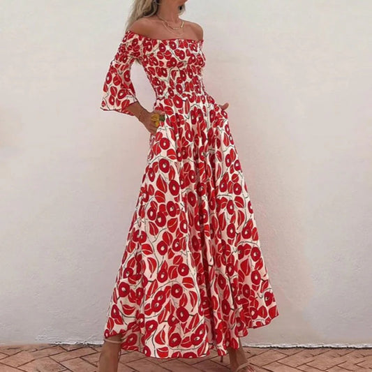 Fiorella / Vestido Largo con Hombros Descubiertos y Estampado Floral